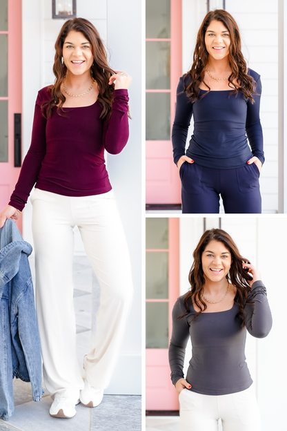 Plus/Reg Solid Long Sleeve Square Neck Top