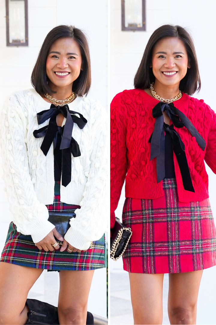 Pom Pom Cable Knit Long Sleeve Cardigan with Bow Tie Closure