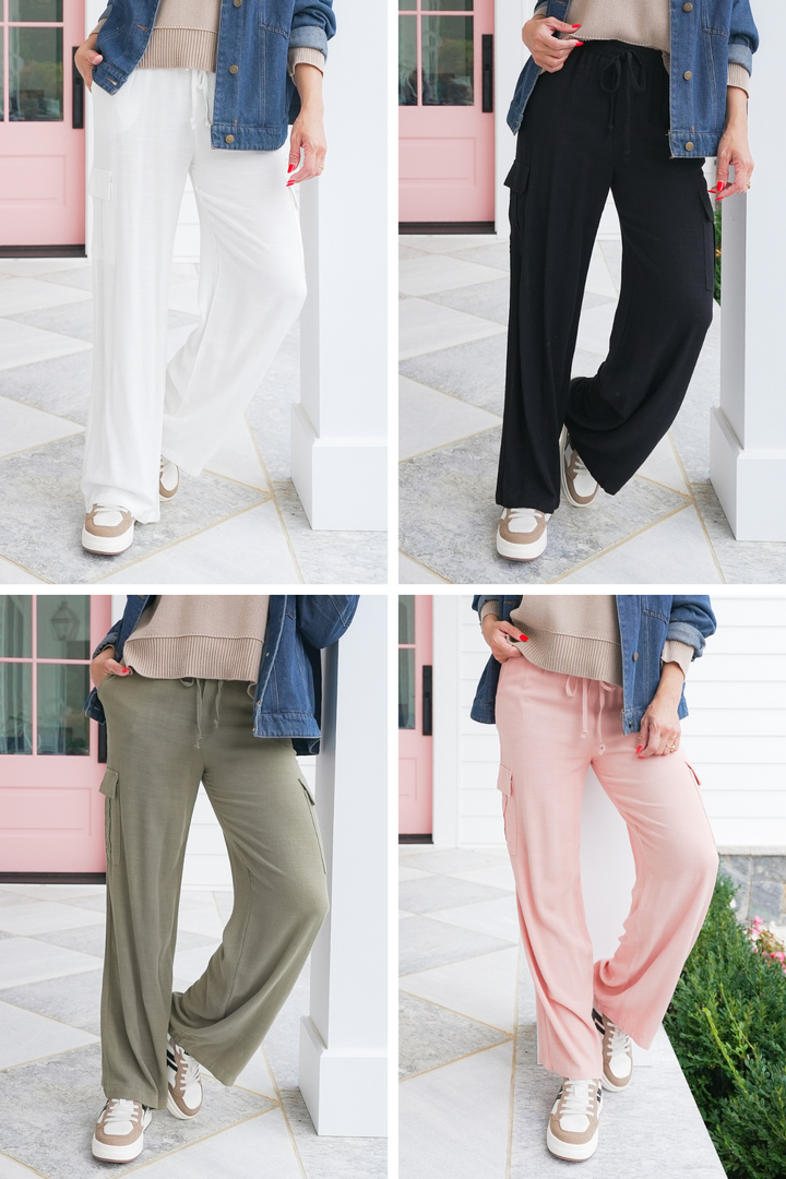 Linen Blend Elastic Waist Cargo Pants