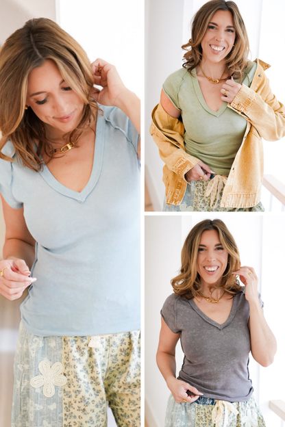 POL Vintage Wash Short Sleeve V-Neck Top