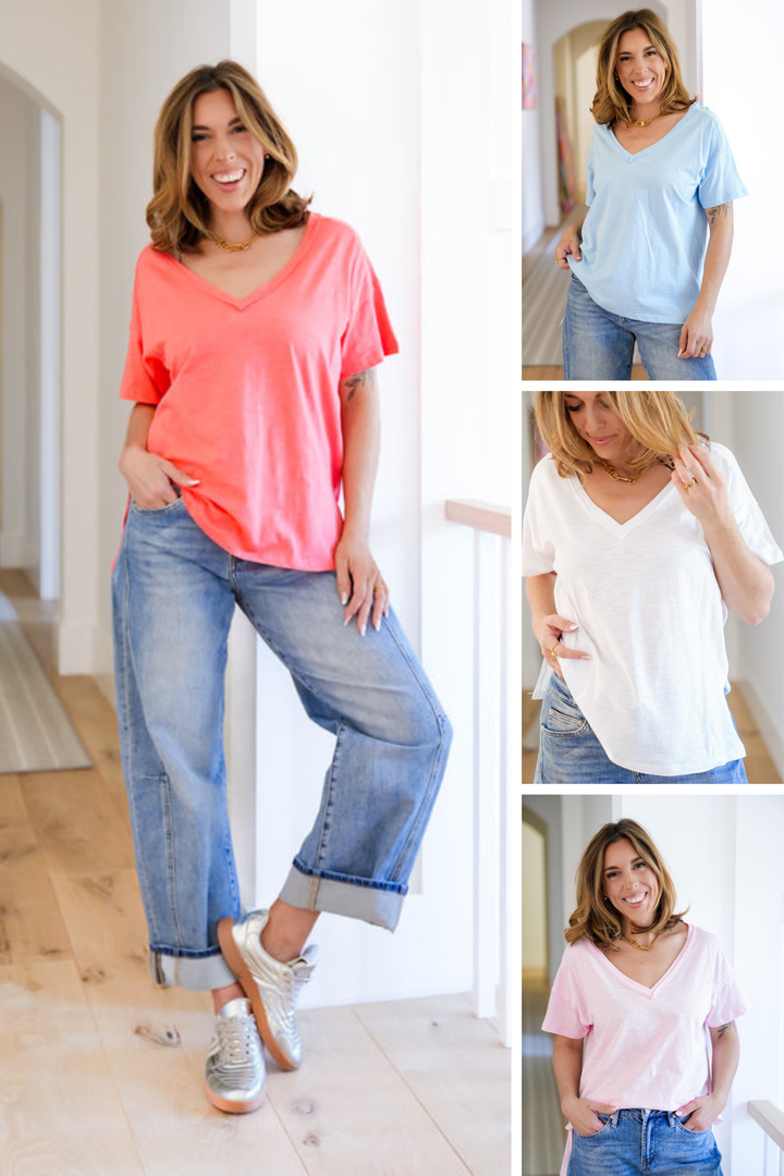 POL Solid Short Sleeve V Neck Top