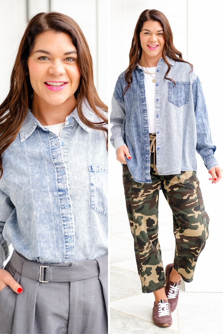 Color Block Stripe Long Sleeve Button Down Top