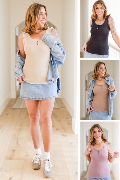 Ribbed Sleeveless Tank Top With Front Buttons