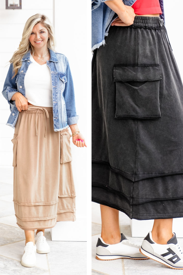 Plus/Reg Acid Wash Knit Skirt with Cargo Pockets