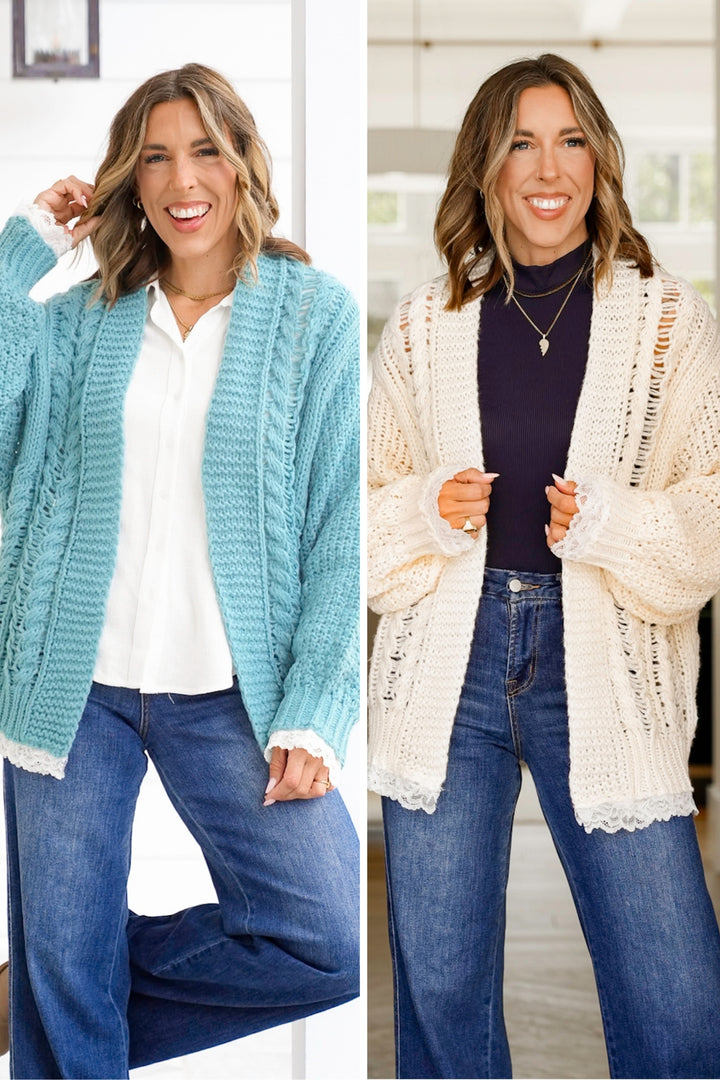 POL Knit Long Sleeve Open Cardigan with Lace Trim