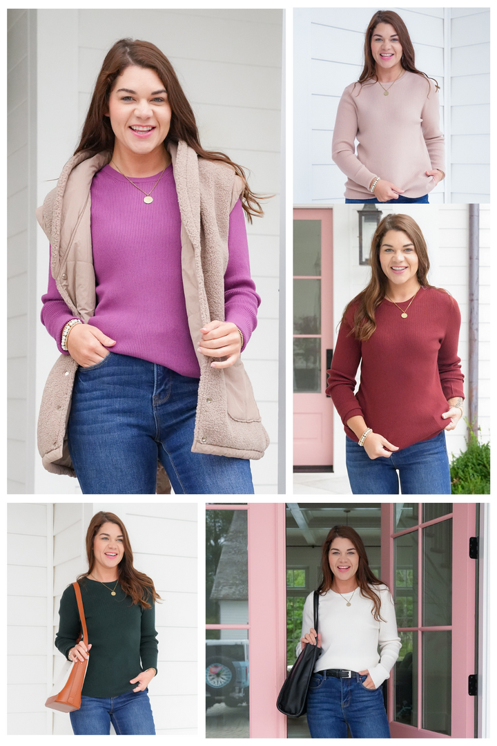 Ribbed Long Sleeve Crew Neck Pullover Sweater