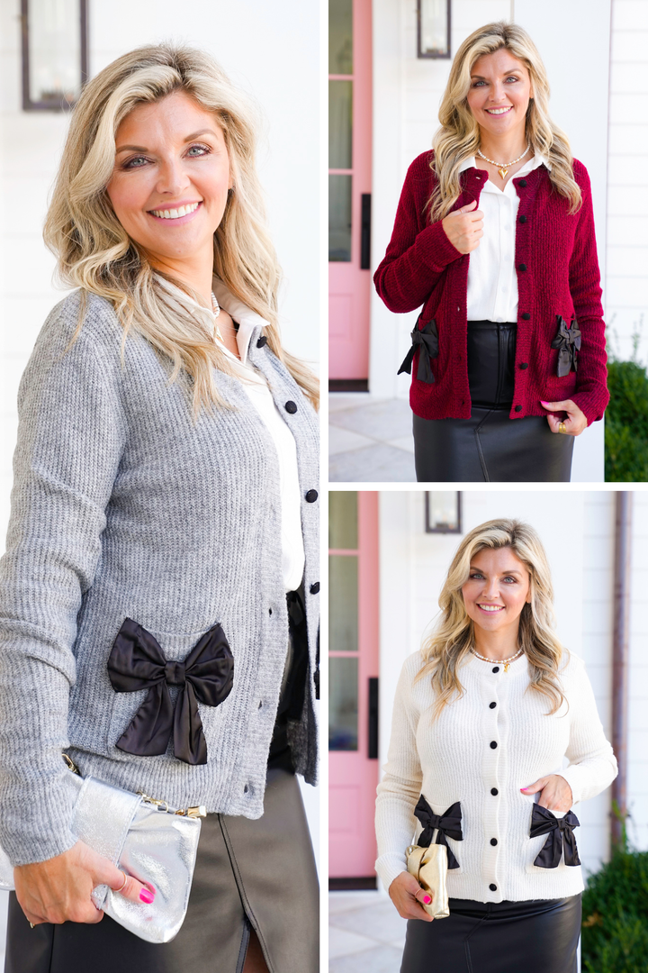 Long Sleeve Button Down Cardigan with Bow accent