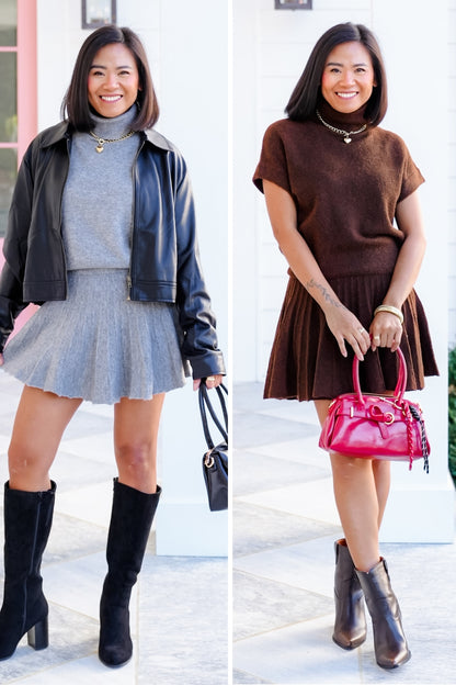 Short Sleeve Turtleneck Top and Skirt Set