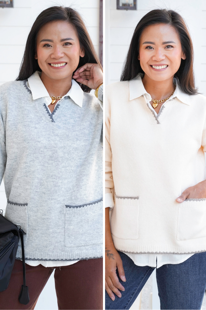 Long Sleeve Pullover Sweater with Stitching