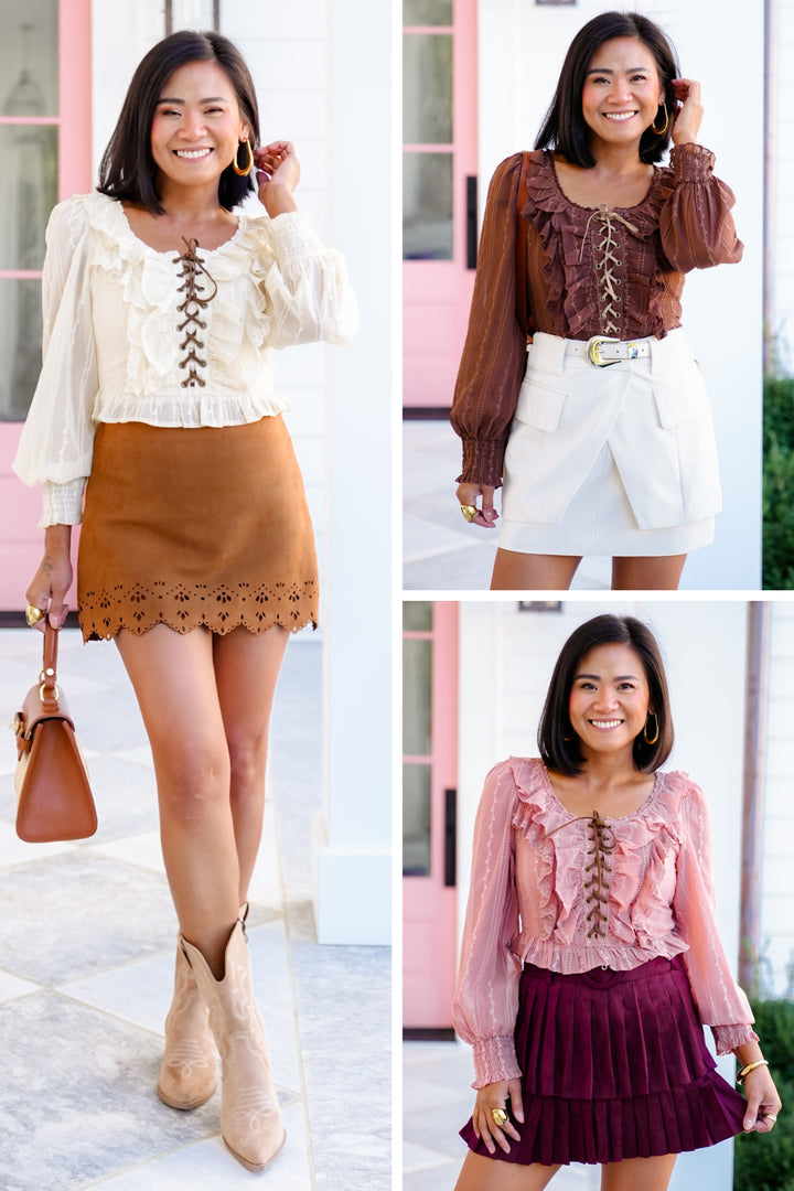 Long Sleeve Lace-Up Ruffle Blouse