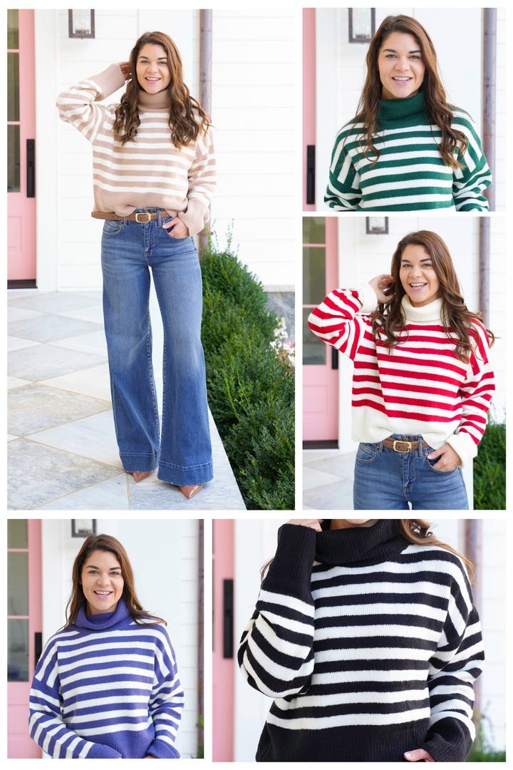 Stripe Long Sleeve Turtleneck Sweater