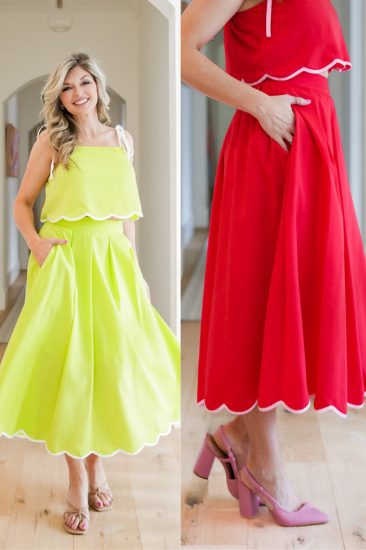 Solid Midi Skirt with Scallop Hem Detail