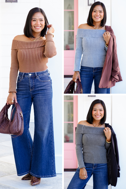 Ribbed Knit Long Sleeve Off Shoulder Top