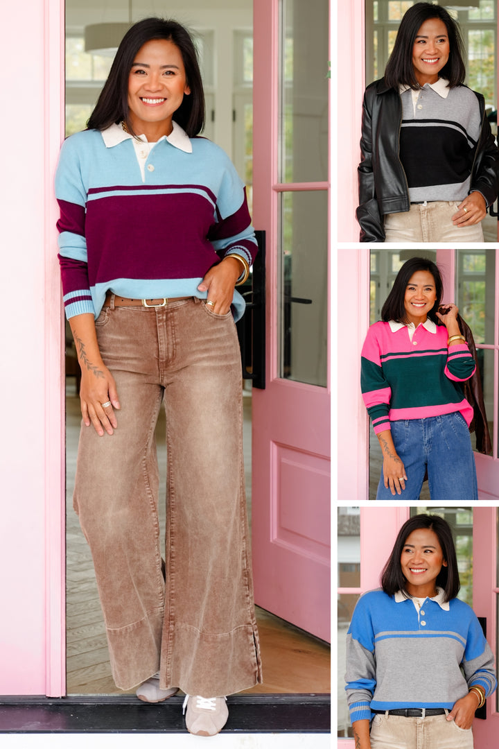 Stripe Long Sleeve Button Up Sweater with Collar