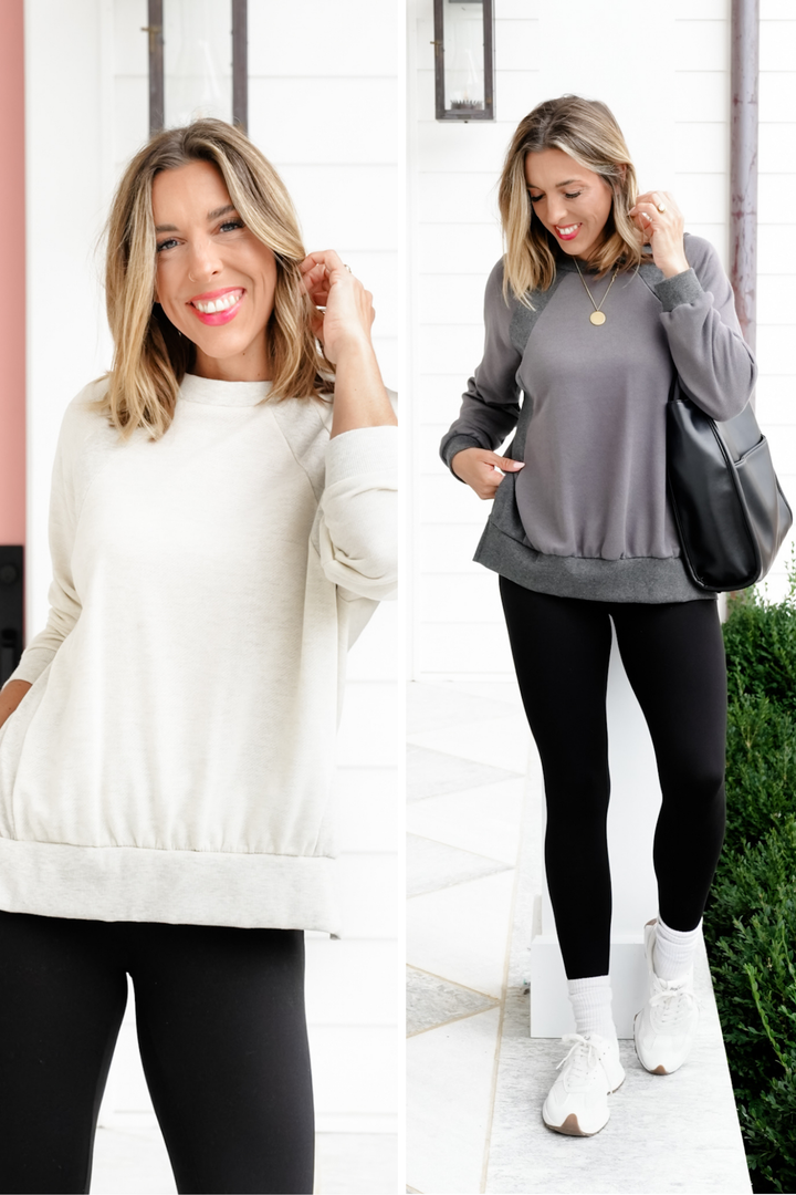 Plus/Reg Long Sleeve Pullover Top With Ribbed Contrast