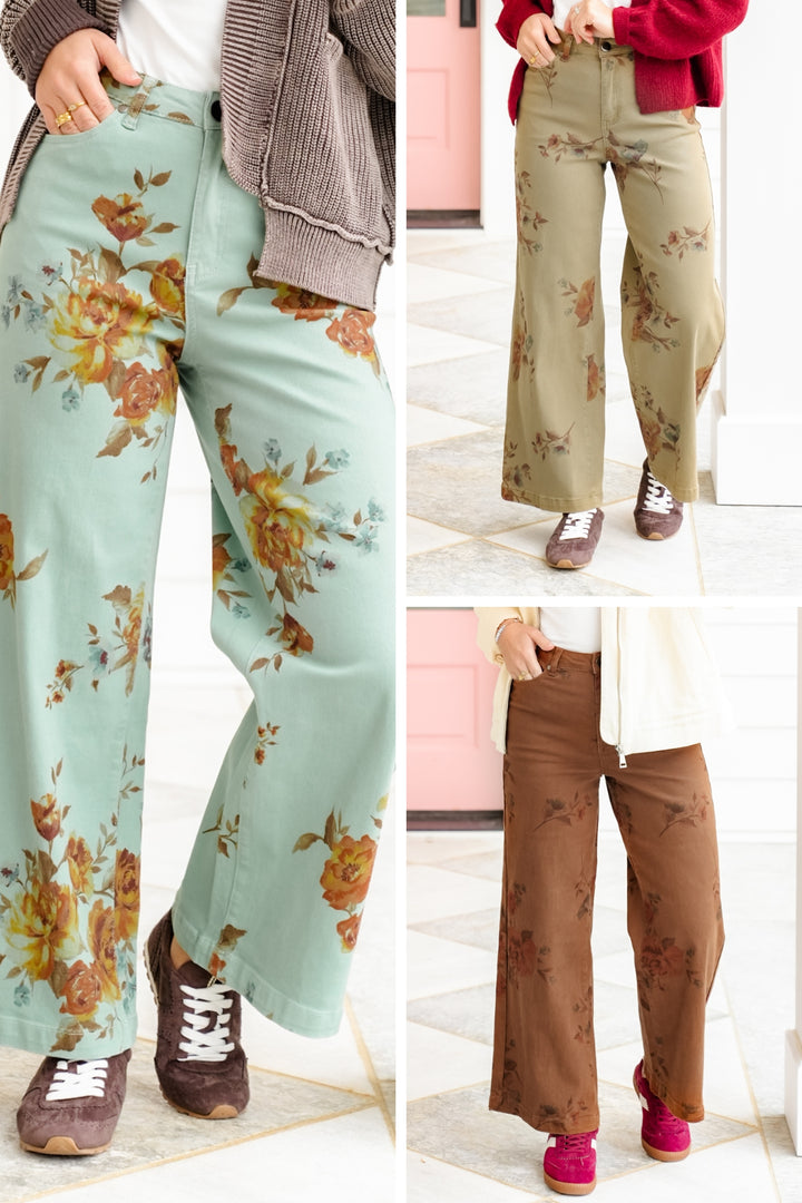Plus/Reg Floral Print High Waisted Wide Leg Pants