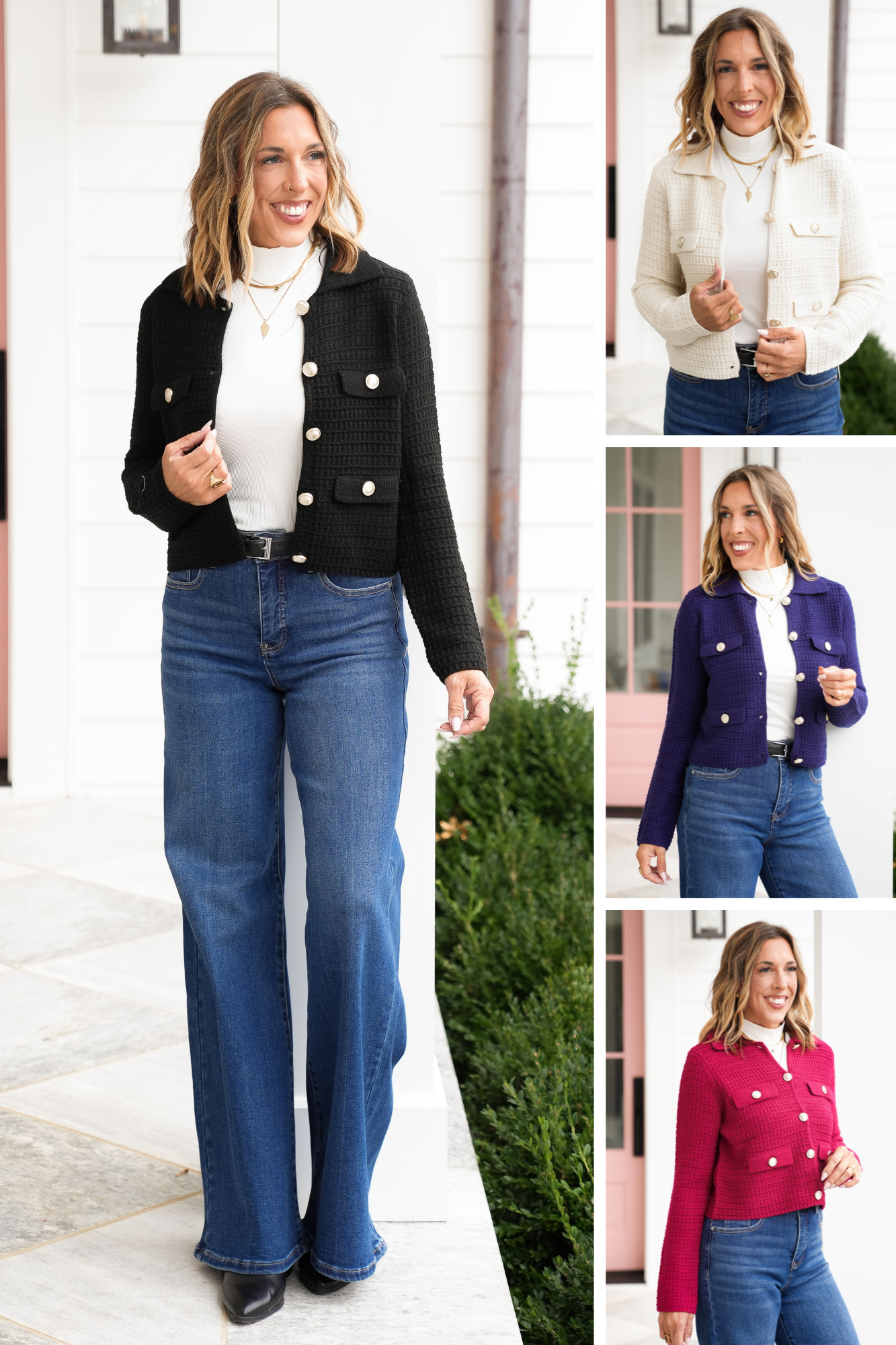 Textured Knit Long Sleeve Cardigan with Gold Buttons