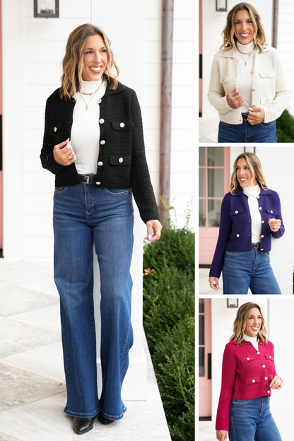 Textured Knit Long Sleeve Cardigan with Gold Buttons