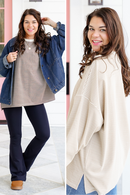 Stripe Fleece Long Sleeve Round Neck Top