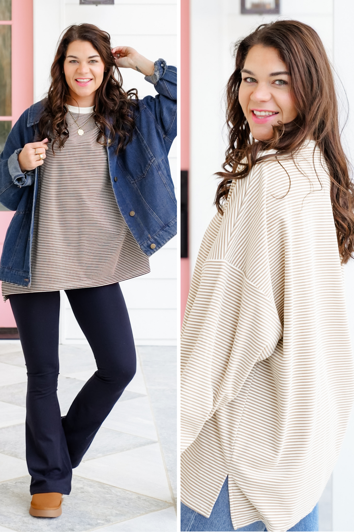 Stripe Fleece Long Sleeve Round Neck Top