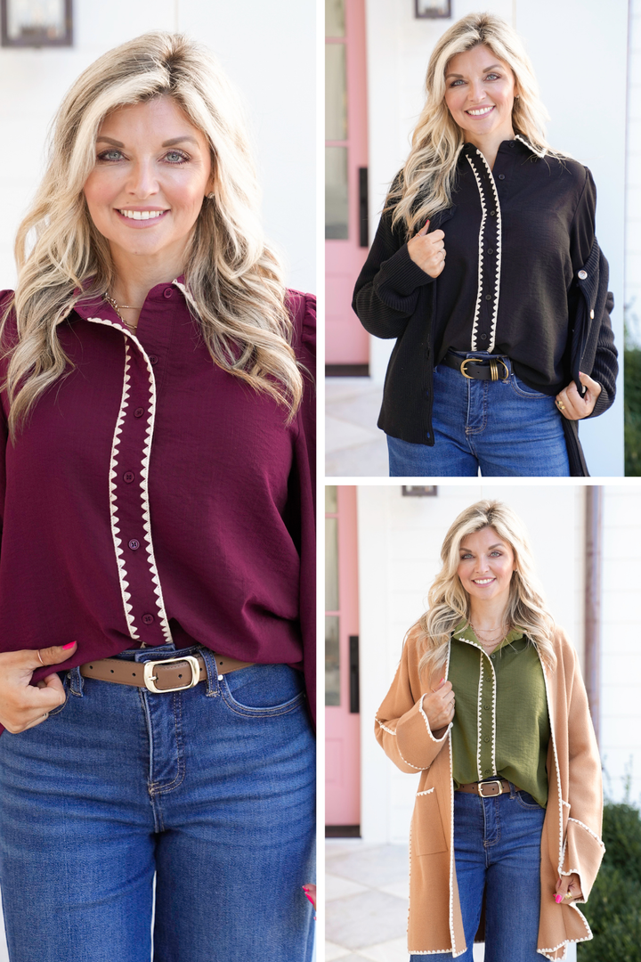 Long Sleeve Button Down Top with Blanket Stitch