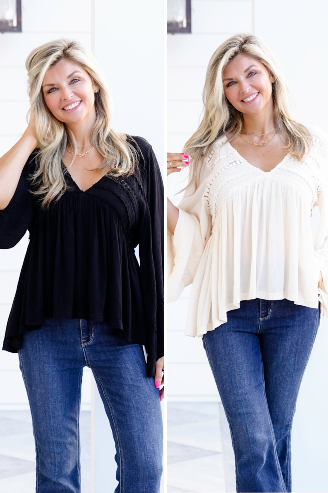 POL Solid Long Sleeve V Neck Ruffle Blouse