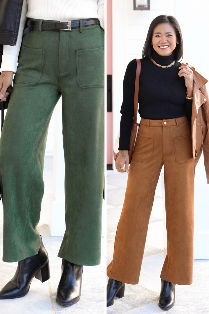 Plus/Reg Vegan Suede Elastic Waist Pants with Front Patch Pocket