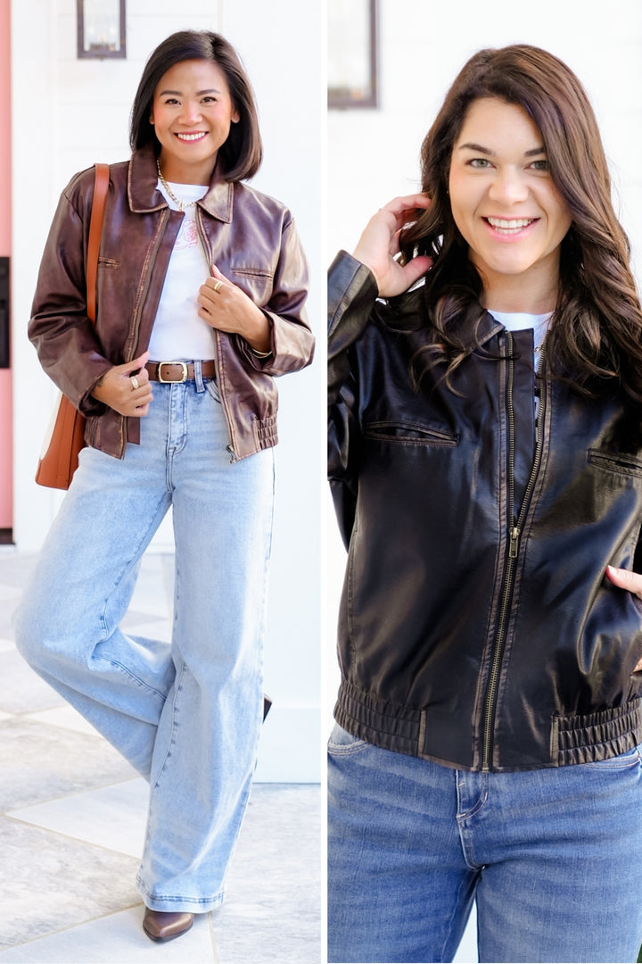 Vegan Leather Long Sleeve Zip Up Jacket