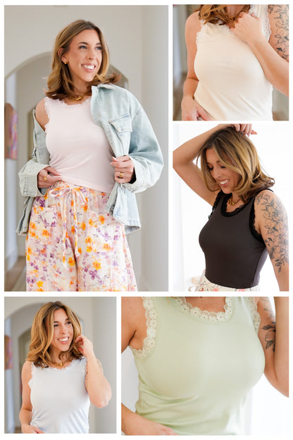 POL Solid Sleeveless Scoop Neck Tank Top with Lace Trim