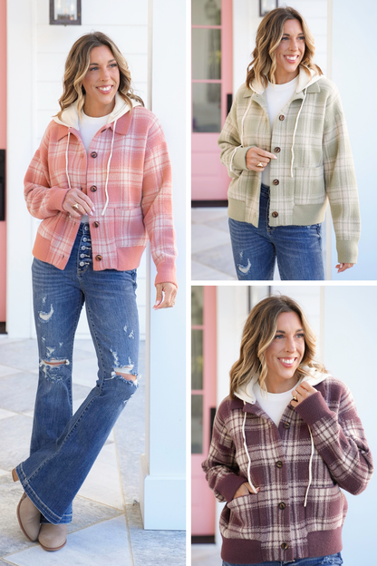 Plaid Long Sleeve Button Down Hooded Sweater Jacket