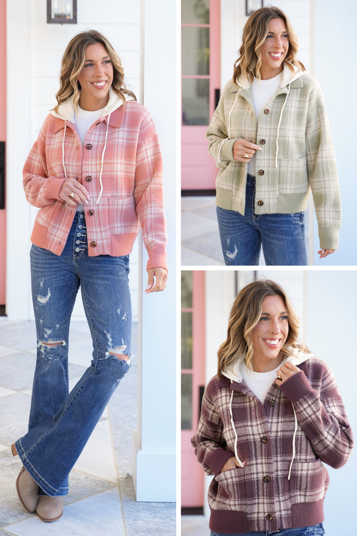 Plaid Long Sleeve Button Down Hooded Sweater Jacket