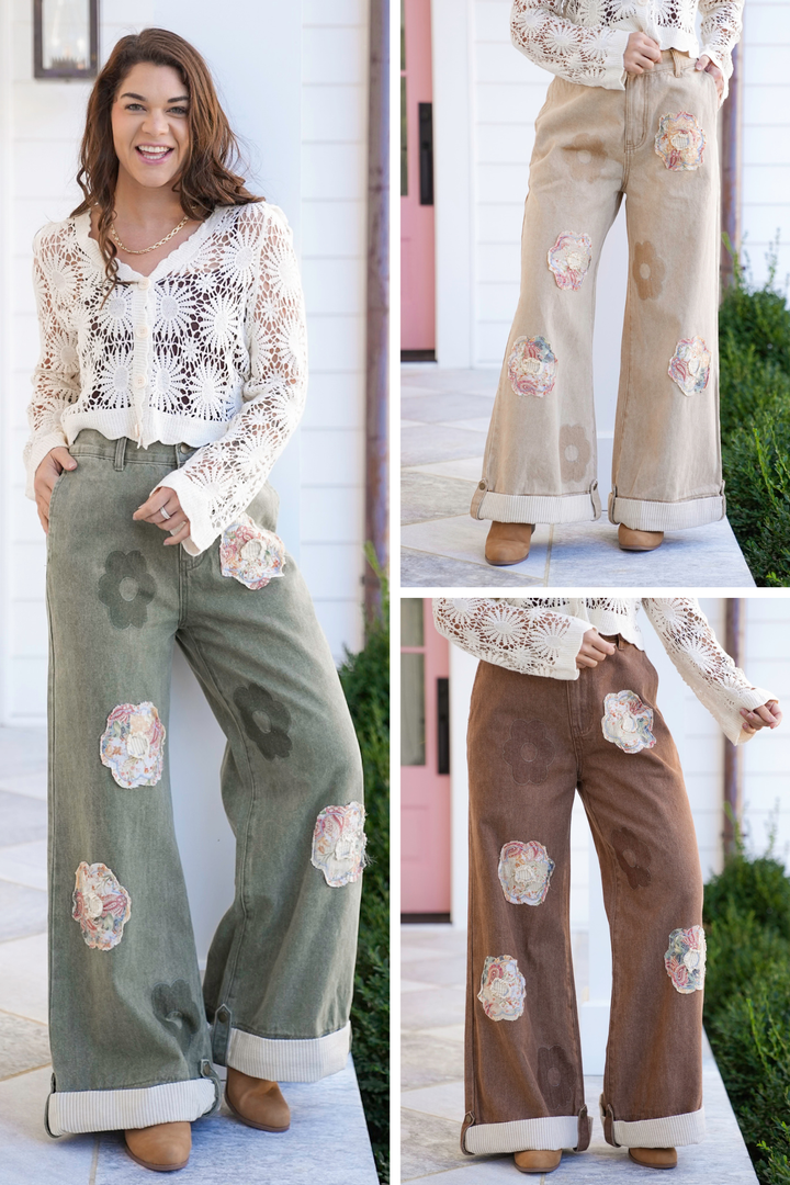 POL Wide Leg Pants with Patchwork