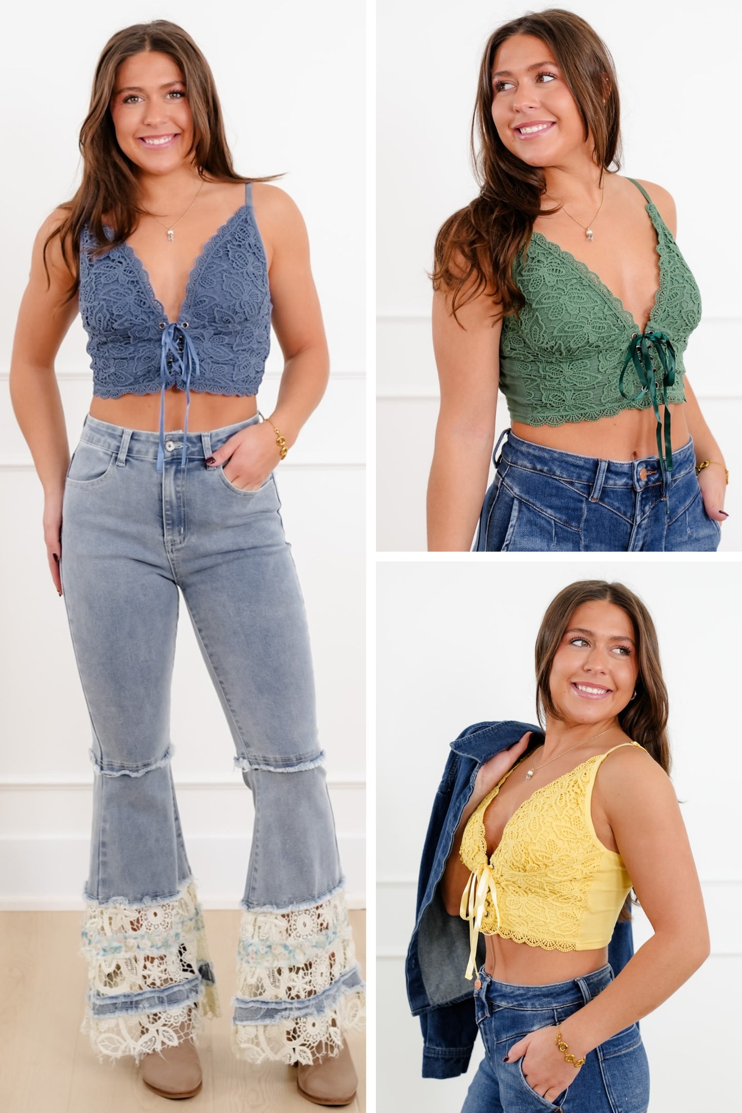 Lace Deep V Neck Lace-Up Crop Top