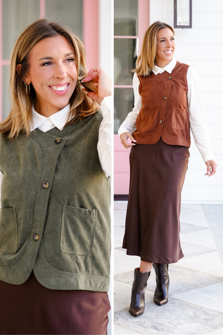 Corduroy Asymmetrical Front Button Down Vest