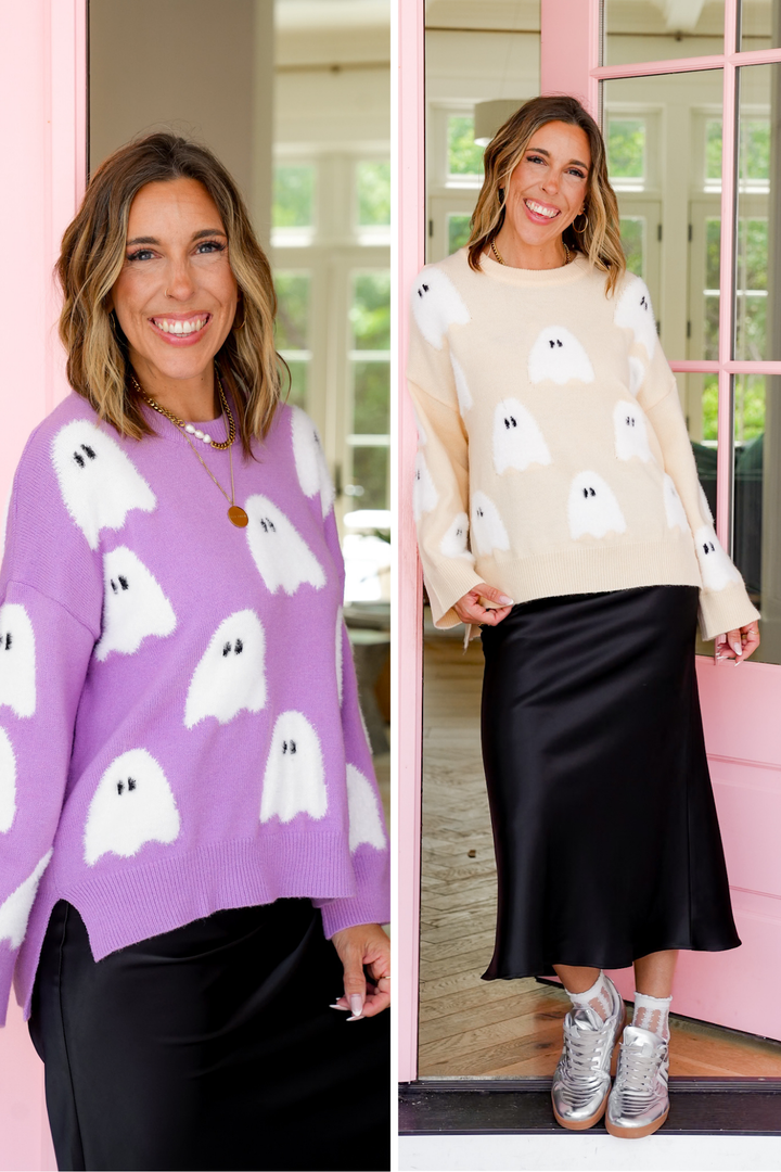 Long Sleeve Crew Neck Halloween Ghost Sweater