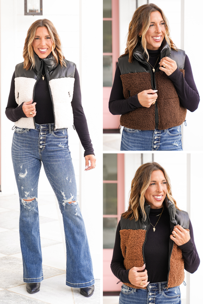 Vegan Leather and Sherpa Zip Up Puffer Vest