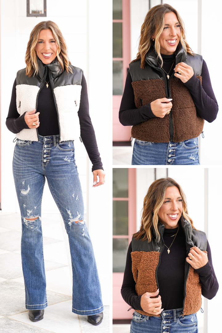 Vegan Leather and Sherpa Zip Up Puffer Vest