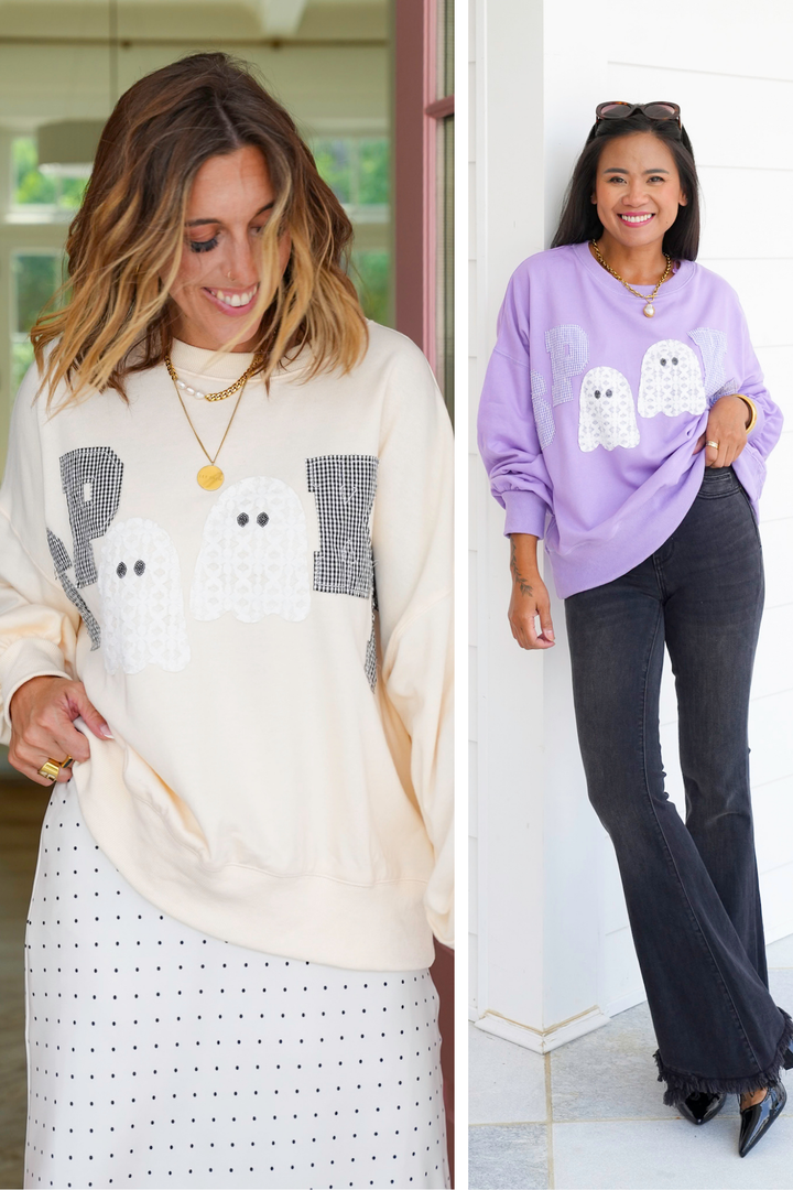 Long Sleeve Crew Neck "Spooky" Sweatshirt With Ghosts