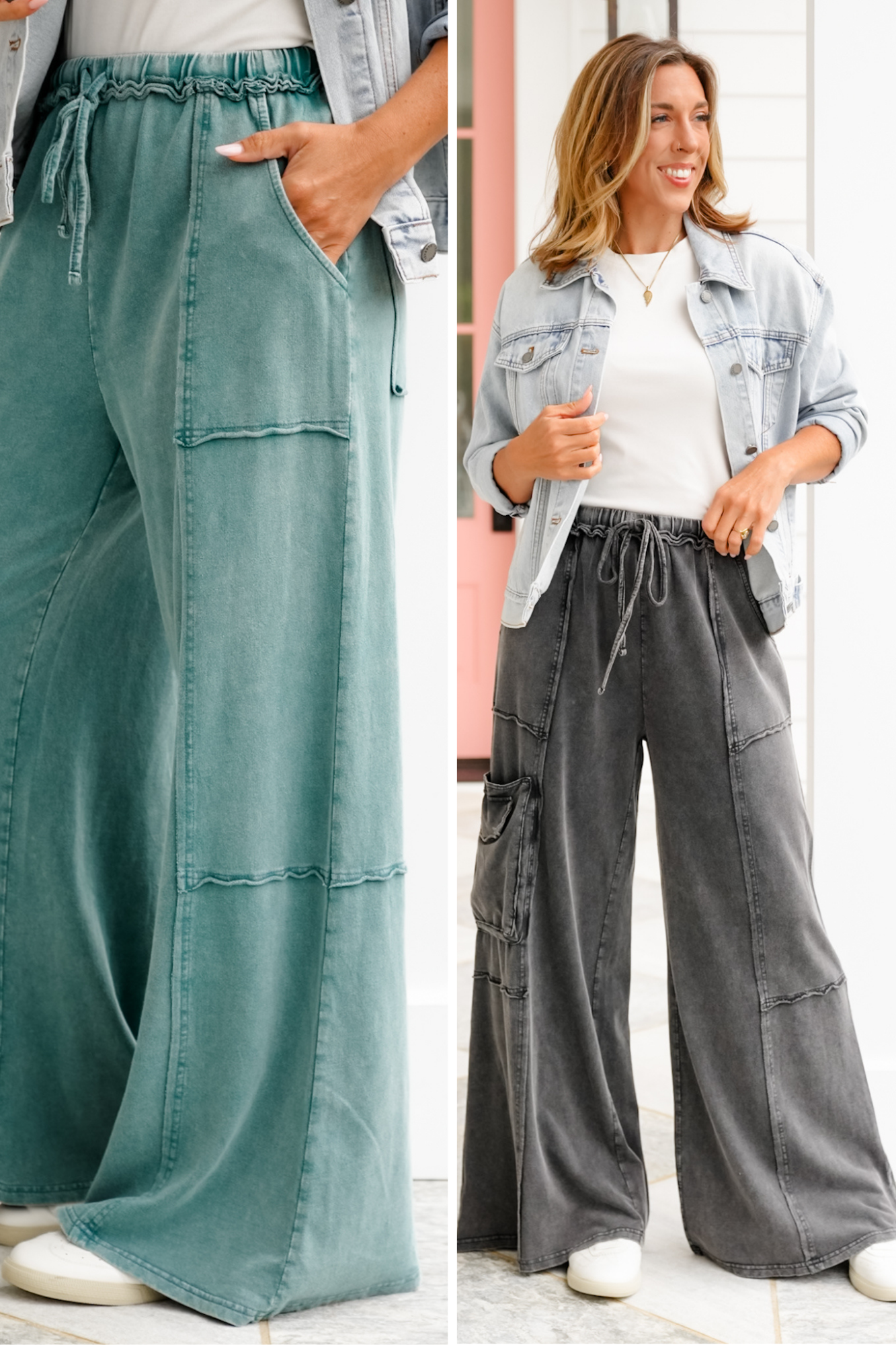 Mineral Wash Elastic Waist Pants With Cargo Pockets