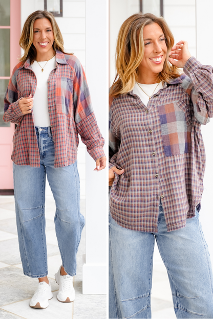 Mixed Plaid Long Sleeve Button Down Top