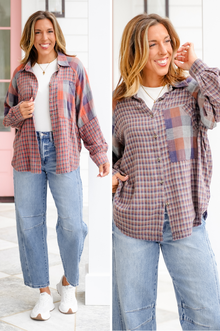 Mixed Plaid Long Sleeve Button Down Top