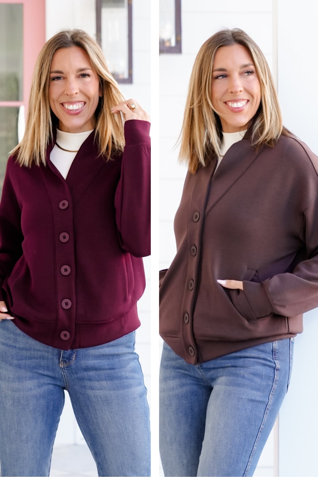 Solid Long Sleeve Scuba Knit Button Up Cardigan