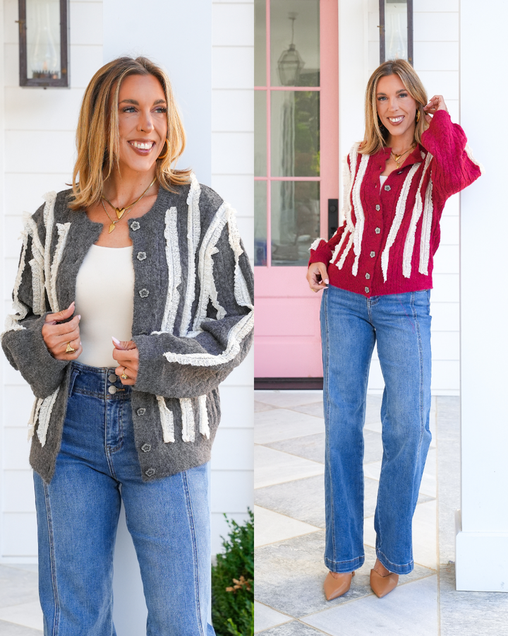 POL Round Neck Cardigan with Lace Trim