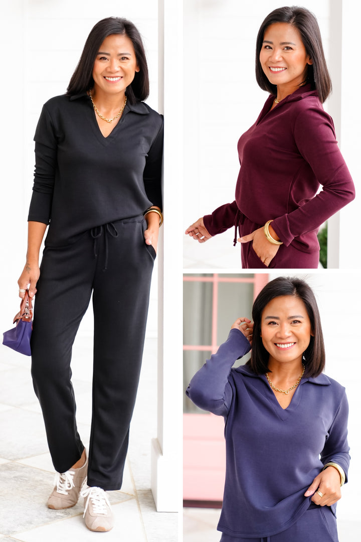 Solid Long Sleeve V Neck Polo Top