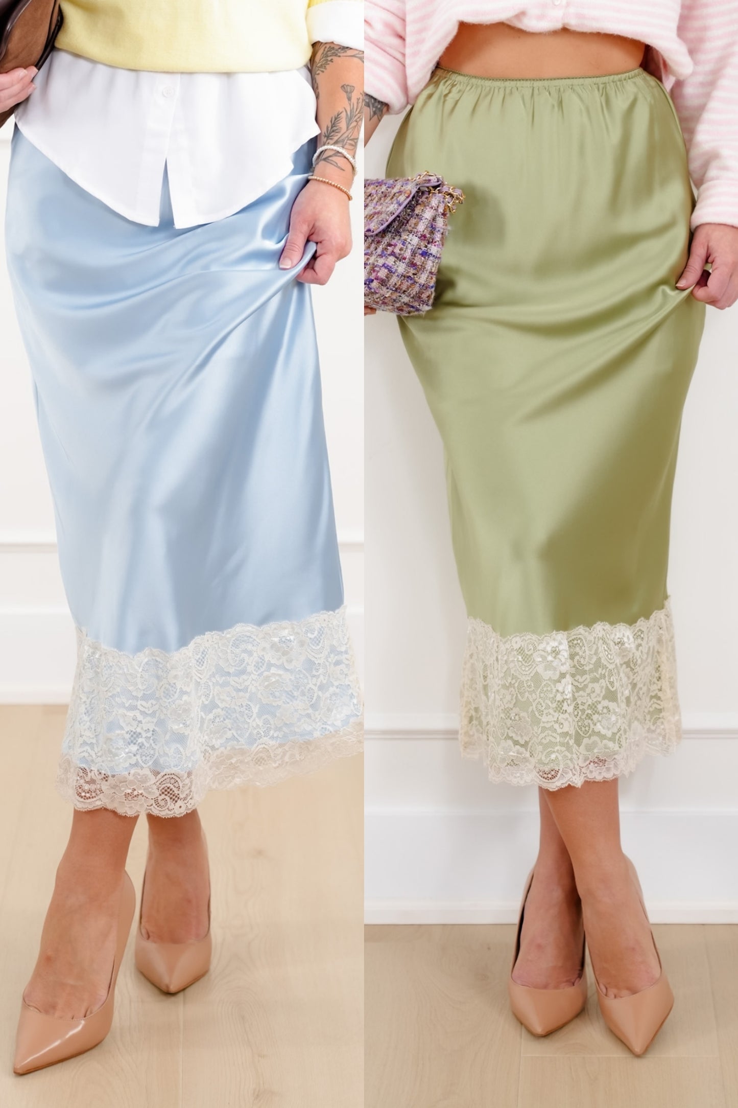 Satin Elastic Waist Midi Skirt with Lace Trim