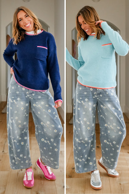 Textured Long Sleeve Pullover Sweater with Chest Pocket