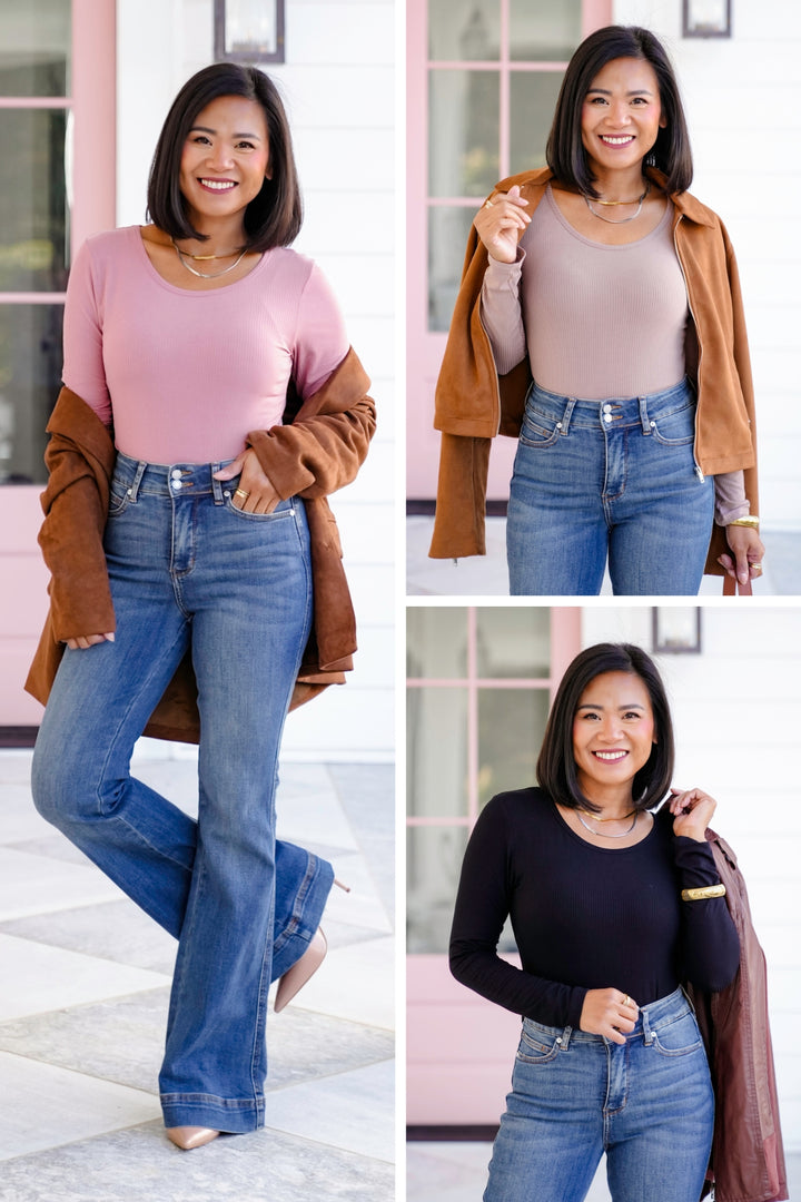 Plus/Reg Ribbed Long Sleeve Scoop Neck Top