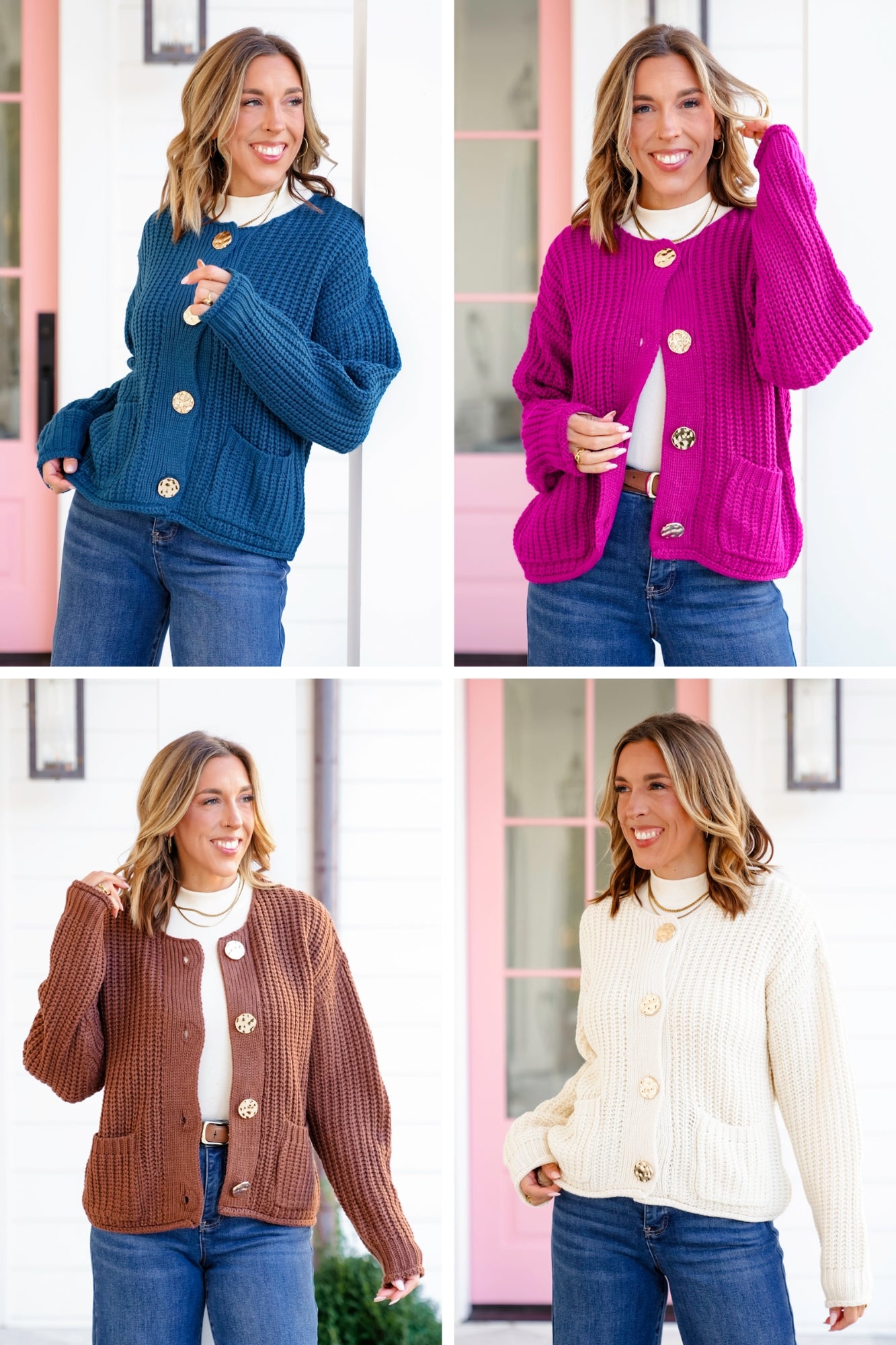 Knit Long Sleeve Big Metal Button Down Cardigan