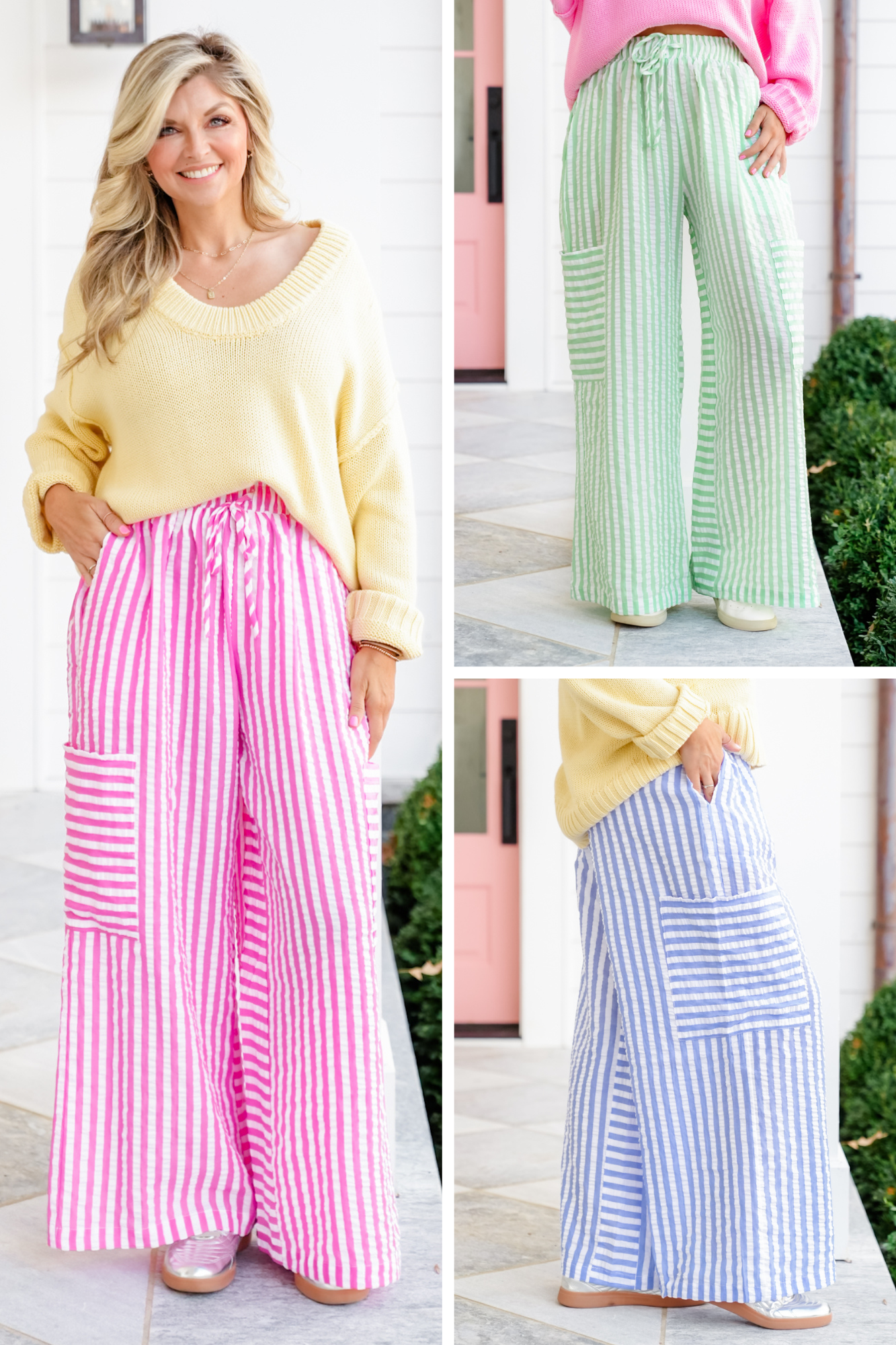 Plus/Reg Stripe Seersucker Elastic Waist Wide Leg Pants