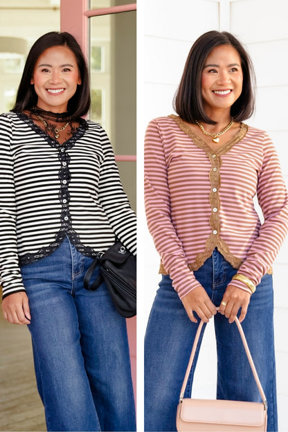 Knit Stripe Long Sleeve Cardigan with Lace Trim